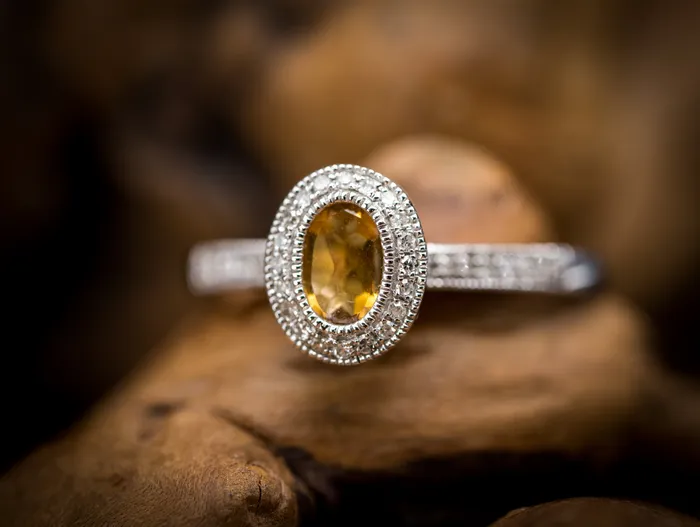 Prins Co Rings 14k White Gold Citrine and Diamond Halo Ring