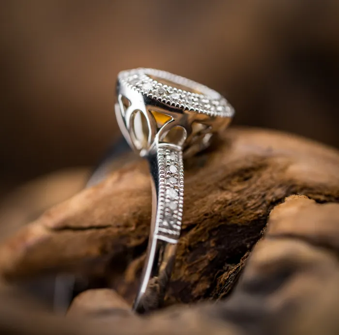 Prins Co Rings 14k White Gold Citrine and Diamond Halo Ring