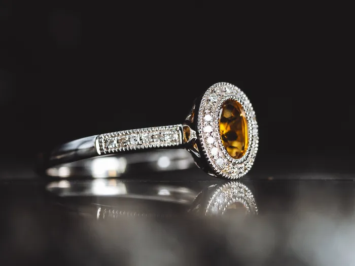 Prins Co Rings 14k White Gold Citrine and Diamond Halo Ring