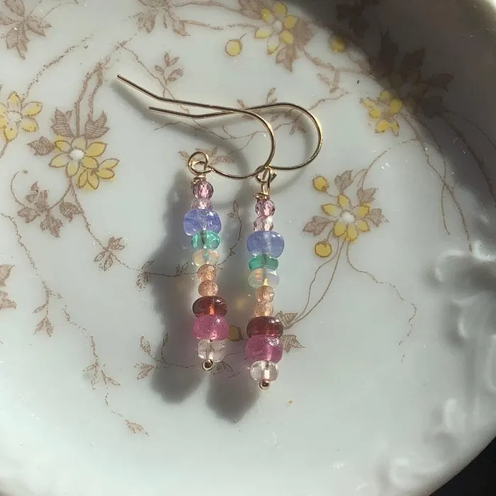 Rainbow Gemstone Earrings 14k Gold Handmade Love Vintage Paris Earrings