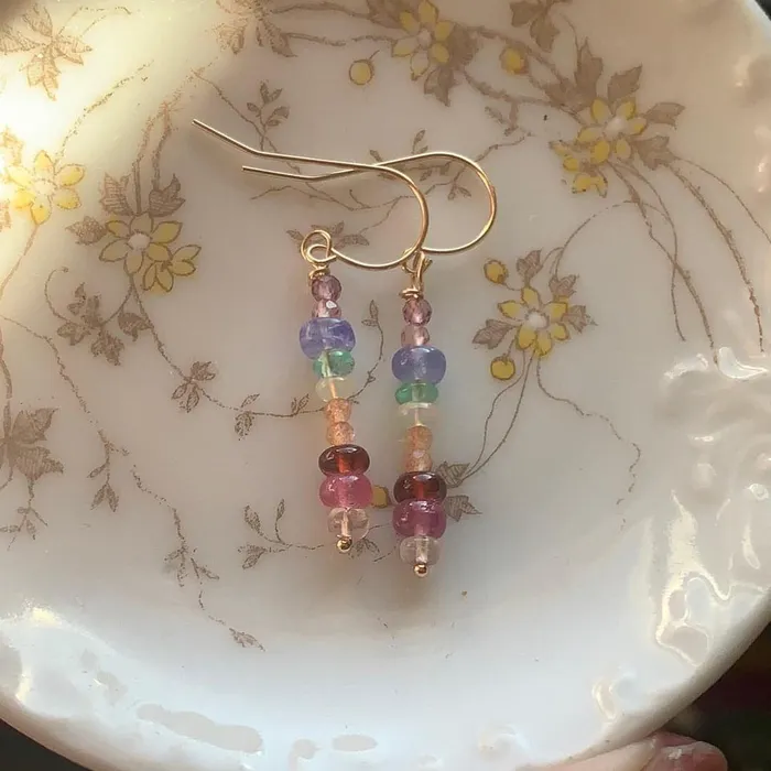 Rainbow Gemstone Earrings 14k Gold Handmade Love Vintage Paris Earrings