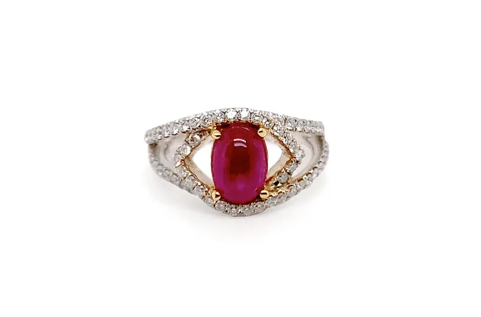 Ring 18kt White Gold Ruby Cabochon Diamonds Albert Hern Rings
