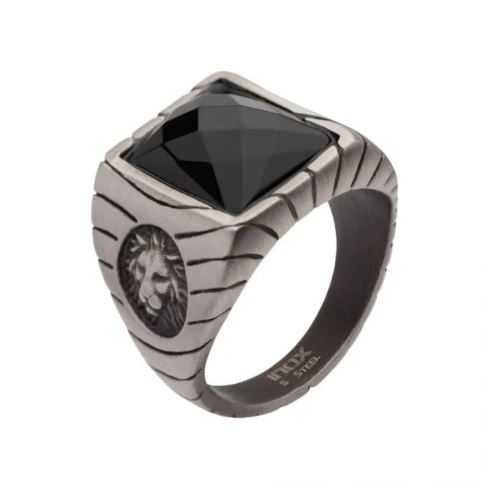 Rings INOX JEWELRY Gunmetal Silver Tone Matte Finish African Lion Sigil with Faceted Black Agate Stone Signet Ring Rings INOX JEWELRY Gunmetal Silver Tone Matte Finish African Lion Sigil with Faceted Black Agate Stone Signet Ring
