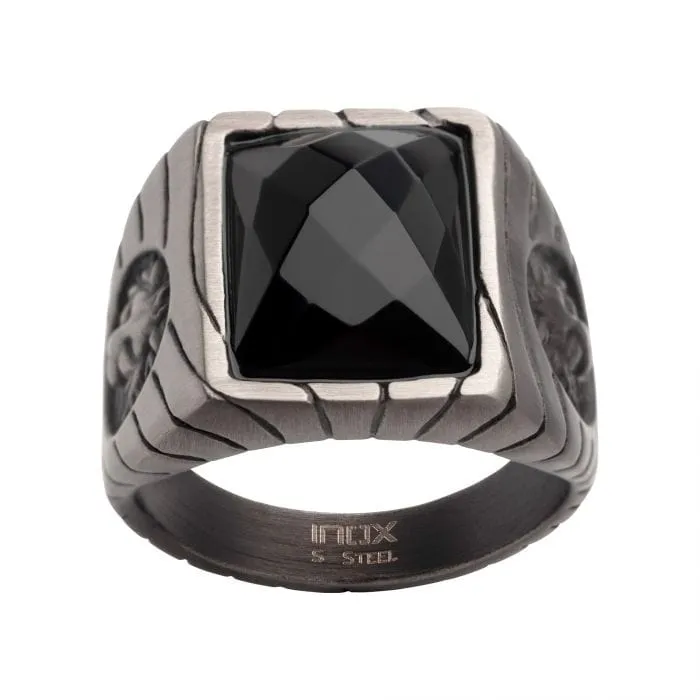 Rings INOX JEWELRY Gunmetal Silver Tone Matte Finish African Lion Sigil with Faceted Black Agate Stone Signet Ring