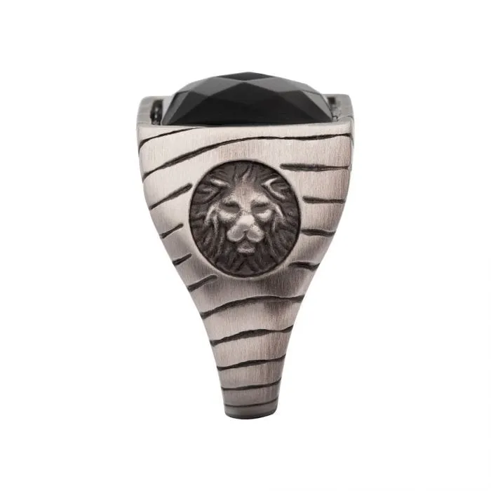 Rings INOX JEWELRY Gunmetal Silver Tone Matte Finish African Lion Sigil with Faceted Black Agate Stone Signet Ring