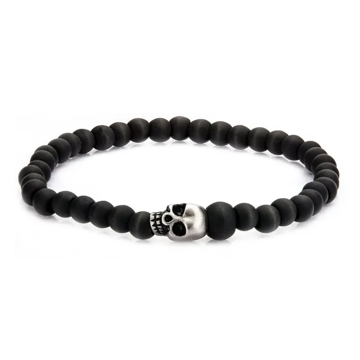 Silver Tone Stainless Steel and Black Carbon Fiber Bead Skull Bracelet INOX JEWELRY Bracelets