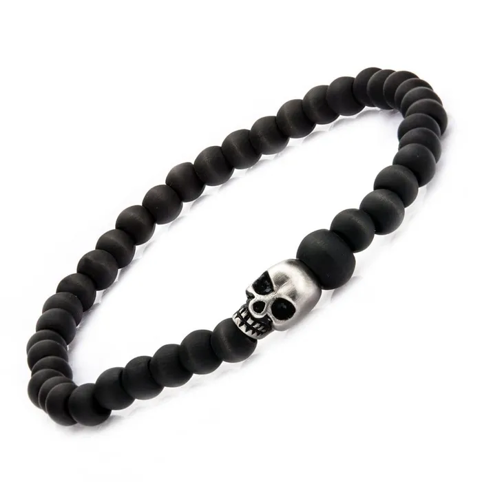 Silver Tone Stainless Steel and Black Carbon Fiber Bead Skull Bracelet INOX JEWELRY Bracelets