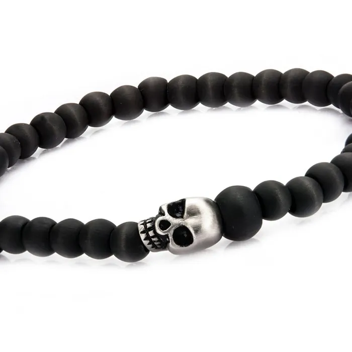 Silver Tone Stainless Steel and Black Carbon Fiber Bead Skull Bracelet INOX JEWELRY Bracelets