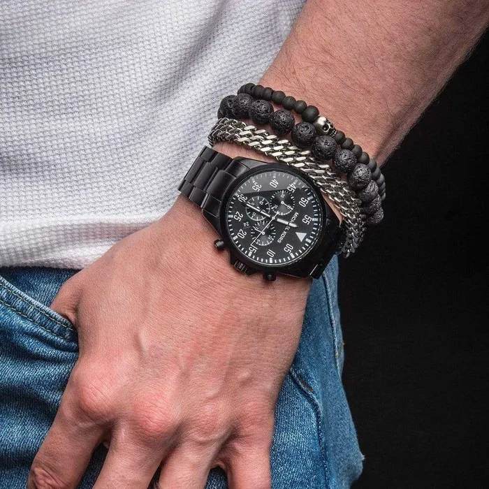 Silver Tone Stainless Steel and Black Carbon Fiber Bead Skull Bracelet INOX JEWELRY Bracelets