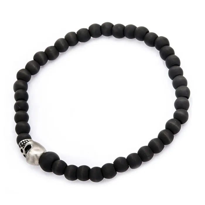 Silver Tone Stainless Steel and Black Carbon Fiber Bead Skull Bracelet INOX JEWELRY Bracelets