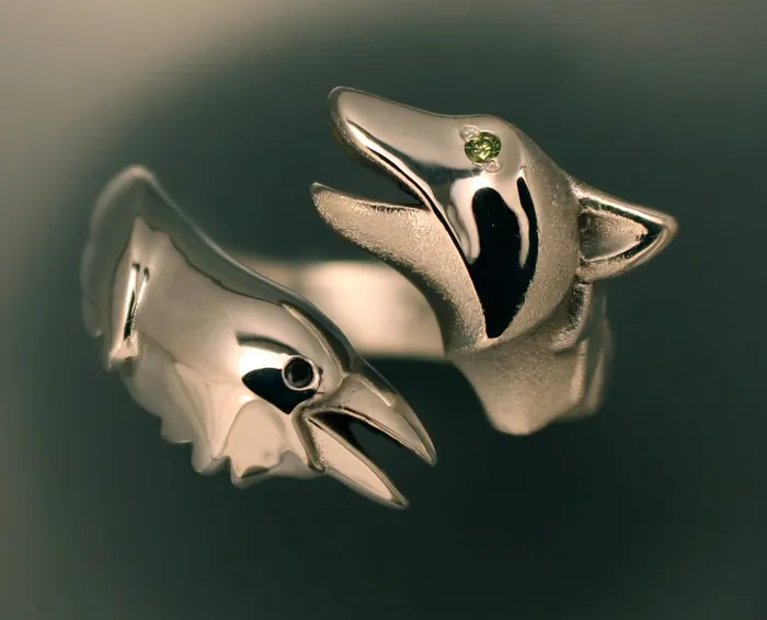 Silver Wolf and Raven Ring Michael Tatom Rings