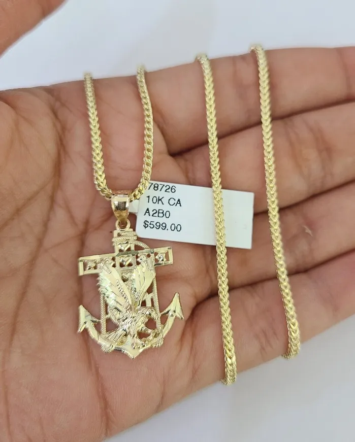 10K Franco Chain Eagle Anchor Pendant Charm Necklace 1624 2mm Gold SET Yellow Gold and Diamond Necklaces