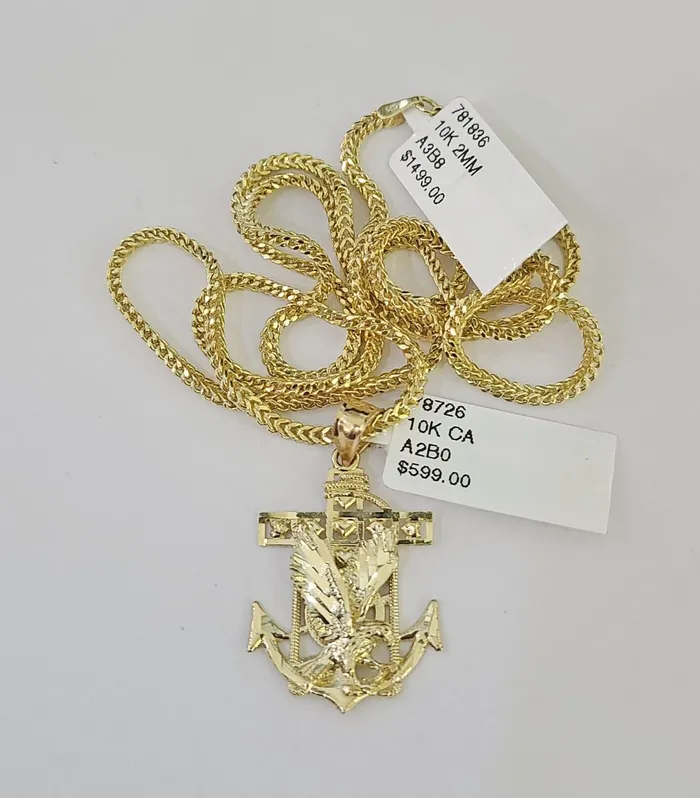 10K Franco Chain Eagle Anchor Pendant Charm Necklace 1624 2mm Gold SET Yellow Gold and Diamond Necklaces