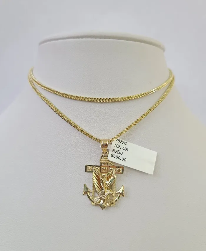 10K Franco Chain Eagle Anchor Pendant Charm Necklace 1624 2mm Gold SET Yellow Gold and Diamond Necklaces