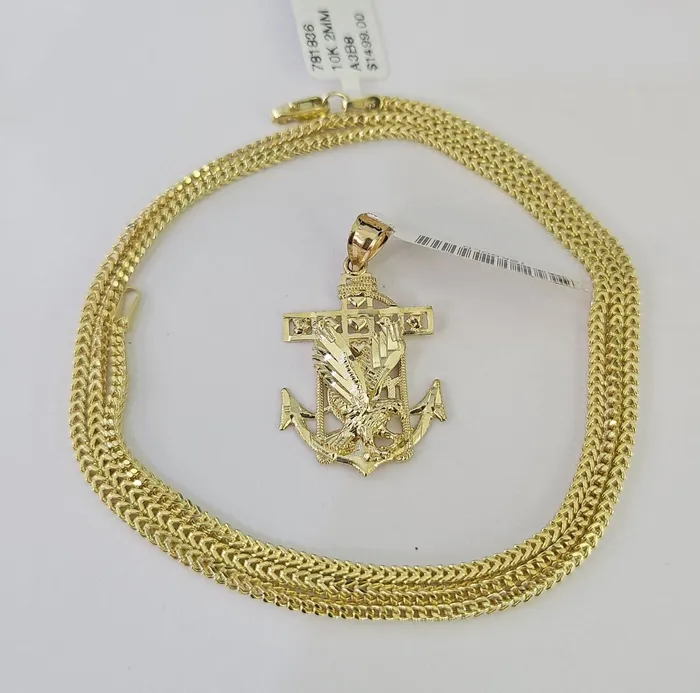 10K Franco Chain Eagle Anchor Pendant Charm Necklace 1624 2mm Gold SET Yellow Gold and Diamond Necklaces