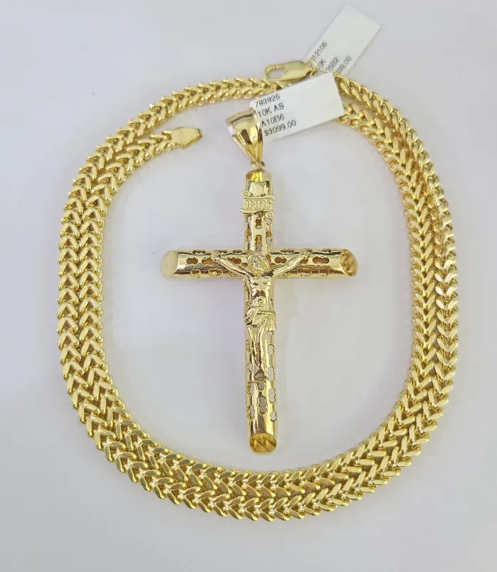 10K Franco Chain INRI Jesus Cross Pendant Charm Necklace 2026 5mm Gold SET Gold and Diamond Necklaces