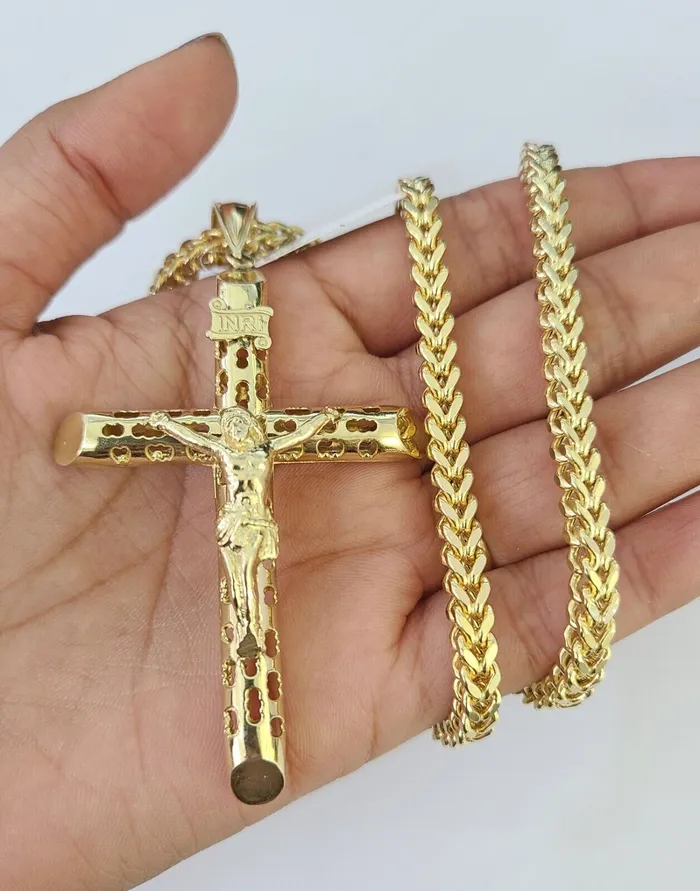10K Franco Chain INRI Jesus Cross Pendant Charm Necklace 2026 5mm Gold SET Gold and Diamond Necklaces