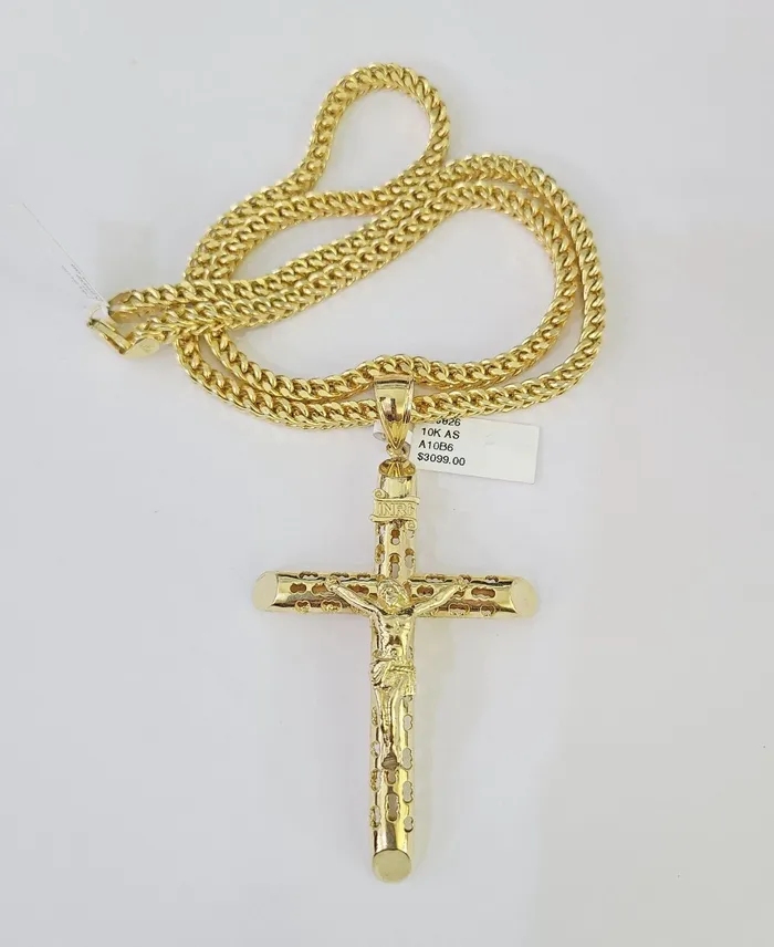 10K Franco Chain INRI Jesus Cross Pendant Charm Necklace 2026 5mm Gold SET Gold and Diamond Necklaces