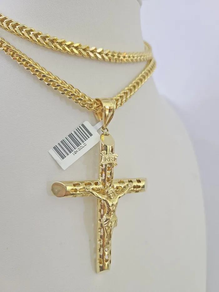 10K Franco Chain INRI Jesus Cross Pendant Charm Necklace 2026 5mm Gold SET Gold and Diamond Necklaces