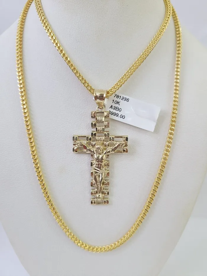 10K Franco Chain Jesus Cross Pendant Charm Necklace 2026 25mm Yellow Gold Gold and Diamond Necklaces