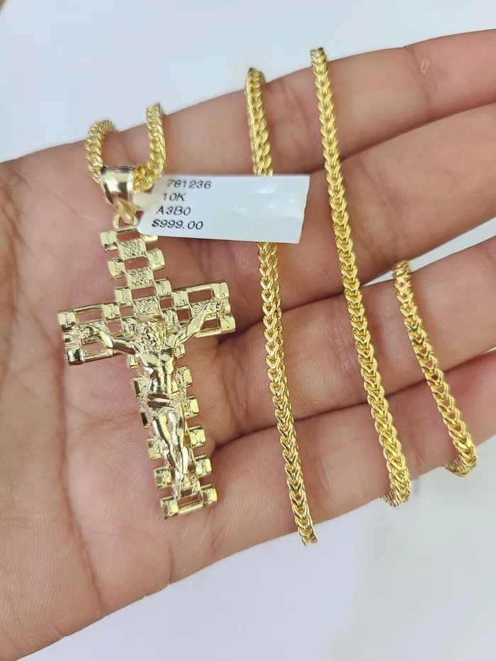 10K Franco Chain Jesus Cross Pendant Charm Necklace 2026 25mm Yellow Gold Gold and Diamond Necklaces
