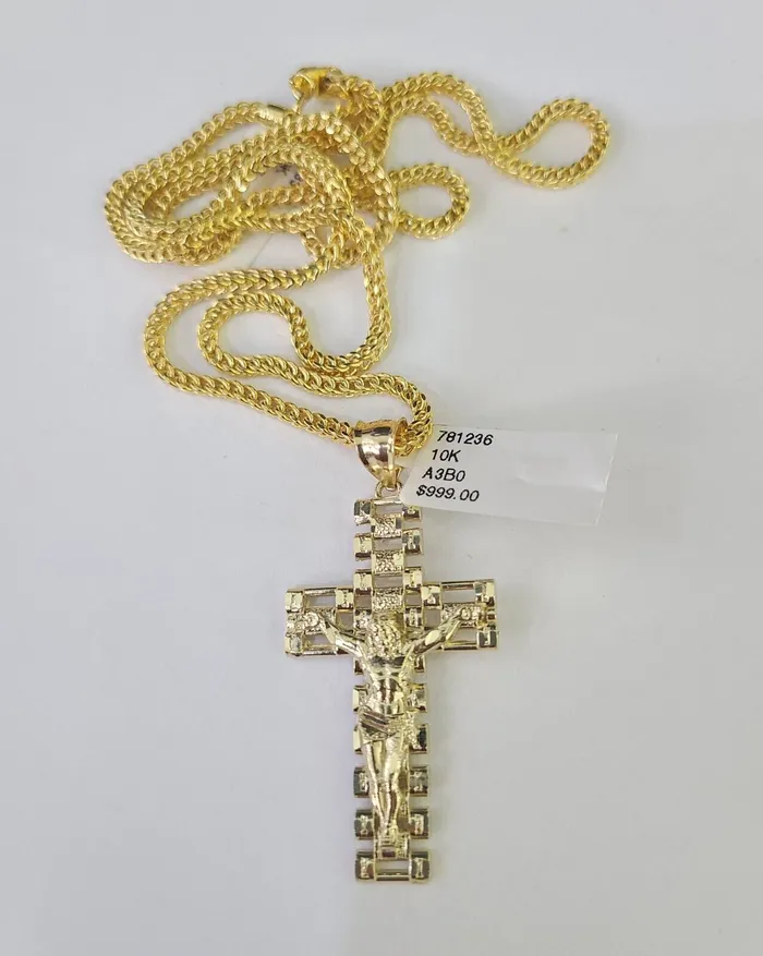 10K Franco Chain Jesus Cross Pendant Charm Necklace 2026 25mm Yellow Gold Gold and Diamond Necklaces