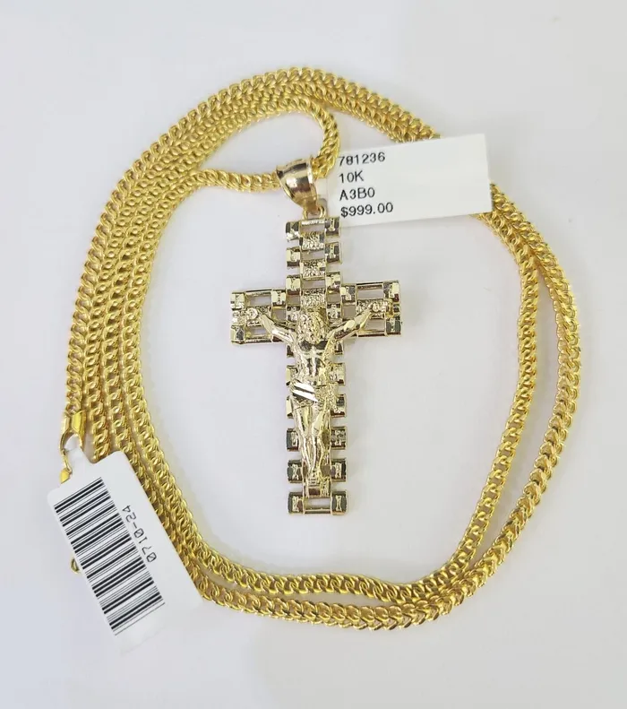 10K Franco Chain Jesus Cross Pendant Charm Necklace 2026 25mm Yellow Gold Gold and Diamond Necklaces