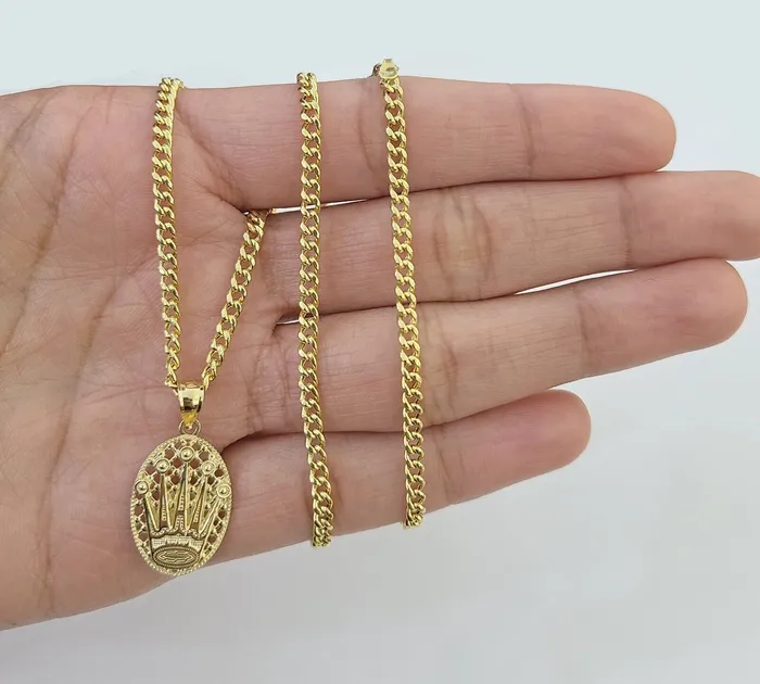 10K Yellow Gold Crown Pendent Charm 3mm Miami Cubn Chain 18 20 22 24 26Inch Gold and Diamond Charm Necklaces