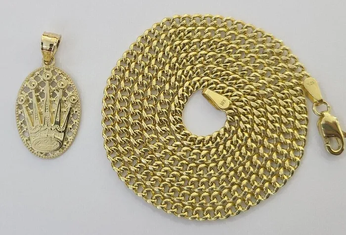 10K Yellow Gold Crown Pendent Charm 3mm Miami Cubn Chain 18 20 22 24 26Inch Gold and Diamond Charm Necklaces