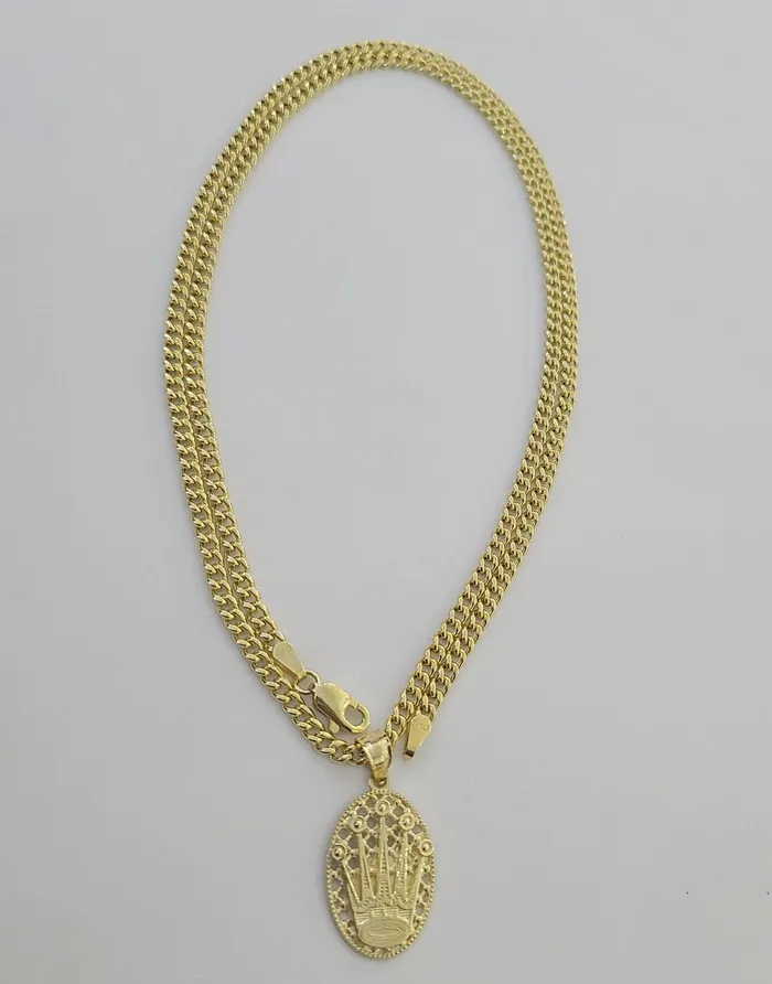10K Yellow Gold Crown Pendent Charm 3mm Miami Cubn Chain 18 20 22 24 26Inch Gold and Diamond Charm Necklaces
