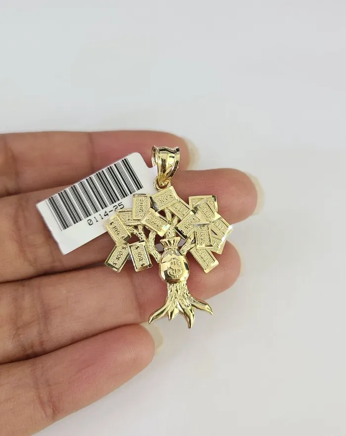 10K Yellow Gold Money Tree Pendant Charm Diamond Cut Real 10Kt Gold and Diamond Necklaces