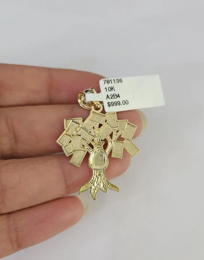 10K Yellow Gold Money Tree Pendant Charm Diamond Cut Real 10Kt Gold and Diamond Necklaces