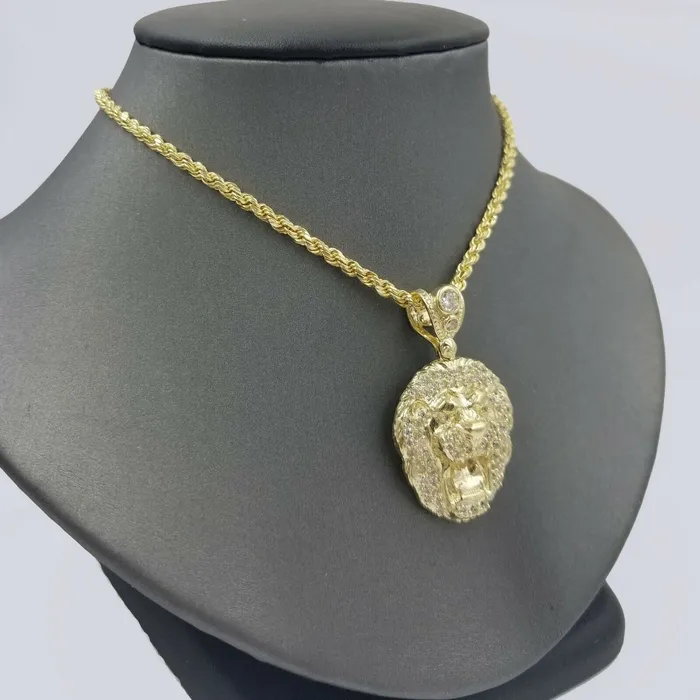 10k Yellow Gold Roaring Lion Head Charm Pendent With 3mm Rope Chain 20 22 24 Gold and Diamond Charm Necklaces
