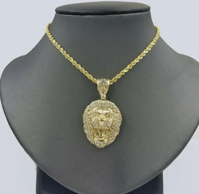 10k Yellow Gold Roaring Lion Head Charm Pendent With 3mm Rope Chain 20 22 24 Gold and Diamond Charm Necklaces