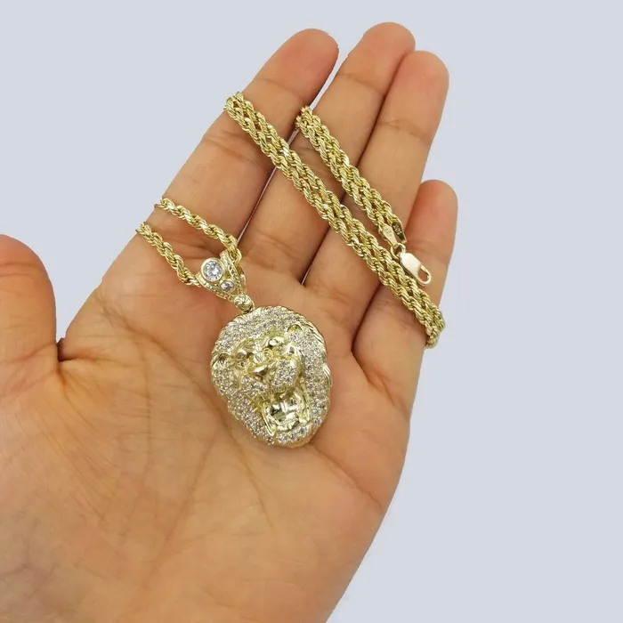 10k Yellow Gold Roaring Lion Head Charm Pendent With 3mm Rope Chain 20 22 24 Gold and Diamond Charm Necklaces