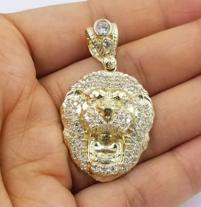 10k Yellow Gold Roaring Lion Head Charm Pendent With 3mm Rope Chain 20 22 24 Gold and Diamond Charm Necklaces