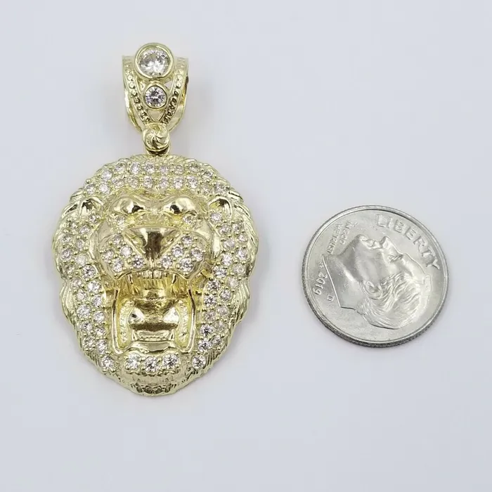 10k Yellow Gold Roaring Lion Head Charm Pendent With 3mm Rope Chain 20 22 24 Gold and Diamond Charm Necklaces