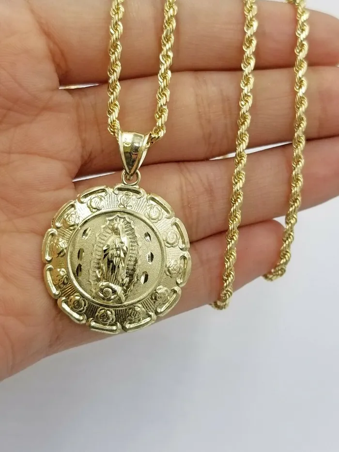 10k Yellow Gold Virgin Marry Jesus Head Charm two tone Diamond Cut Pendant Real Gold and Diamond Rings