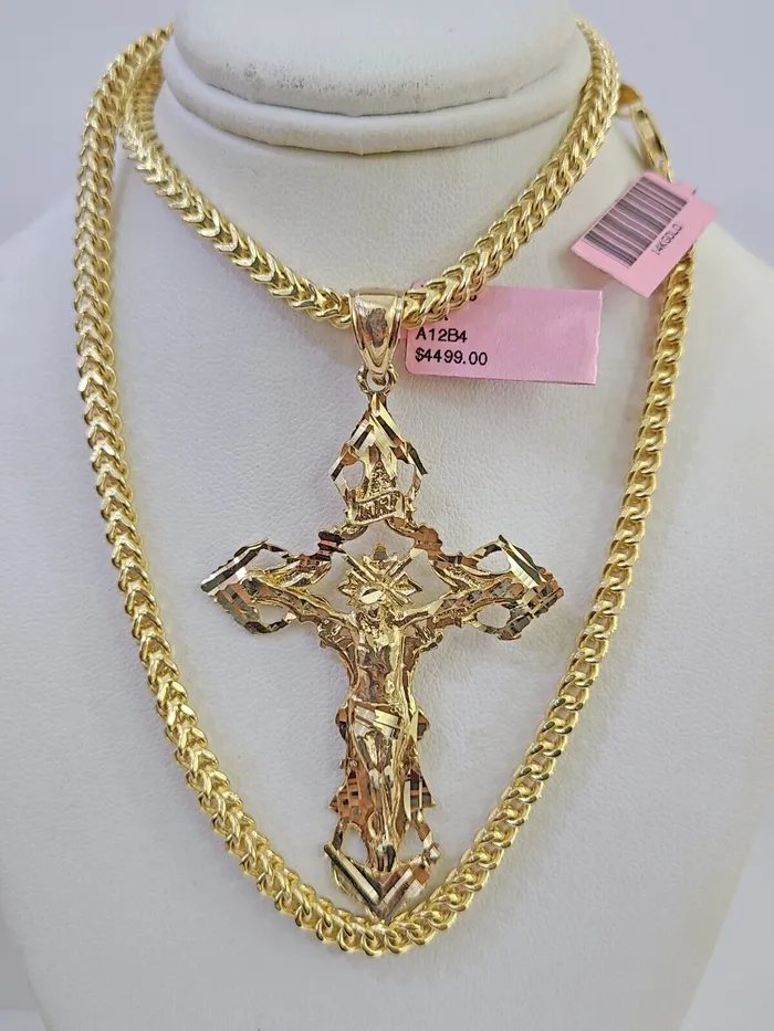 14K Franco Chain Jesus INRI Cross Pendant Charm Necklace 2026 4mm Gold Globalwatches10 Necklaces