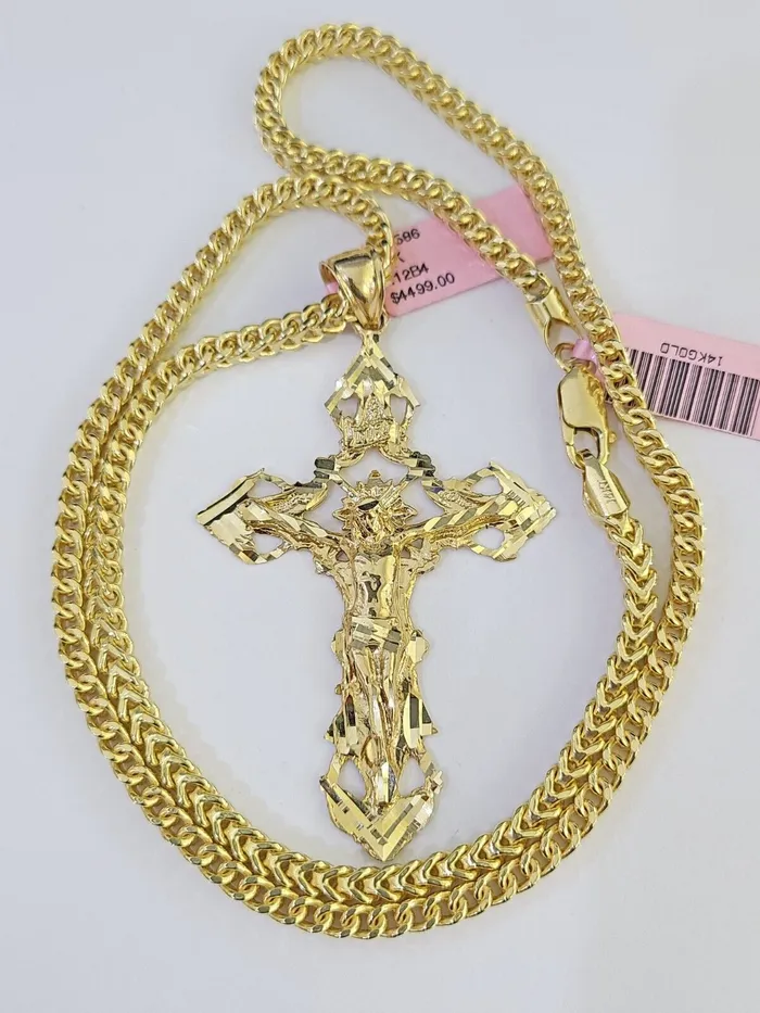 14K Franco Chain Jesus INRI Cross Pendant Charm Necklace 2026 4mm Gold Globalwatches10 Necklaces