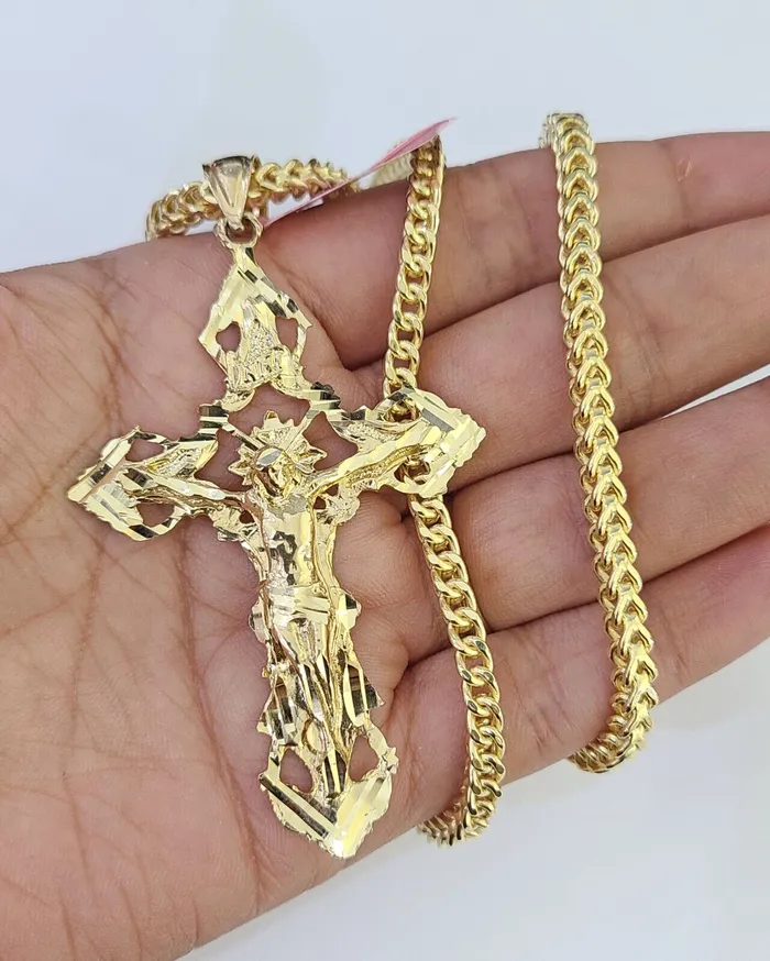 14K Franco Chain Jesus INRI Cross Pendant Charm Necklace 2026 4mm Gold Globalwatches10 Necklaces