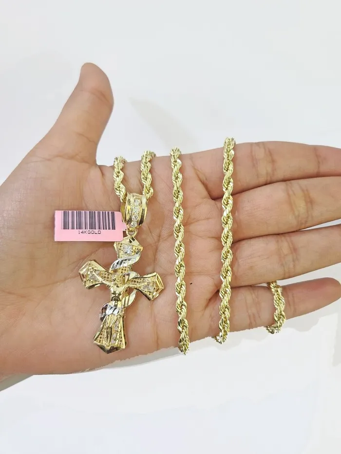 14k Yellow Gold Rope Chain Jesus Swirl Cross Charm SET 5mm 26Inches Necklace Globalwatches10 Necklaces 14k Yellow Gold Rope Chain Jesus Swirl Cross Charm SET 5mm 26Inches Necklace Globalwatches10 Necklaces