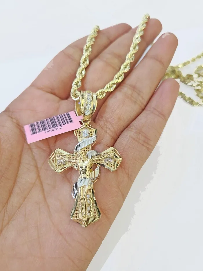 14k Yellow Gold Rope Chain Jesus Swirl Cross Charm SET 5mm 26Inches Necklace Globalwatches10 Necklaces