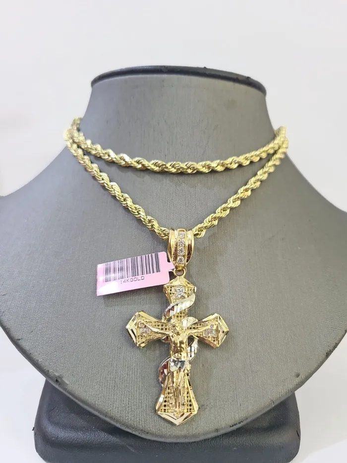 14k Yellow Gold Rope Chain Jesus Swirl Cross Charm SET 5mm 26Inches Necklace Globalwatches10 Necklaces