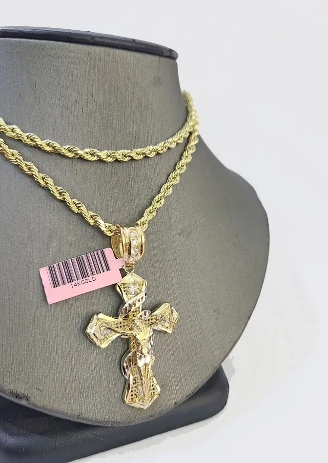 14k Yellow Gold Rope Chain Jesus Swirl Cross Charm SET 5mm 26Inches Necklace Globalwatches10 Necklaces