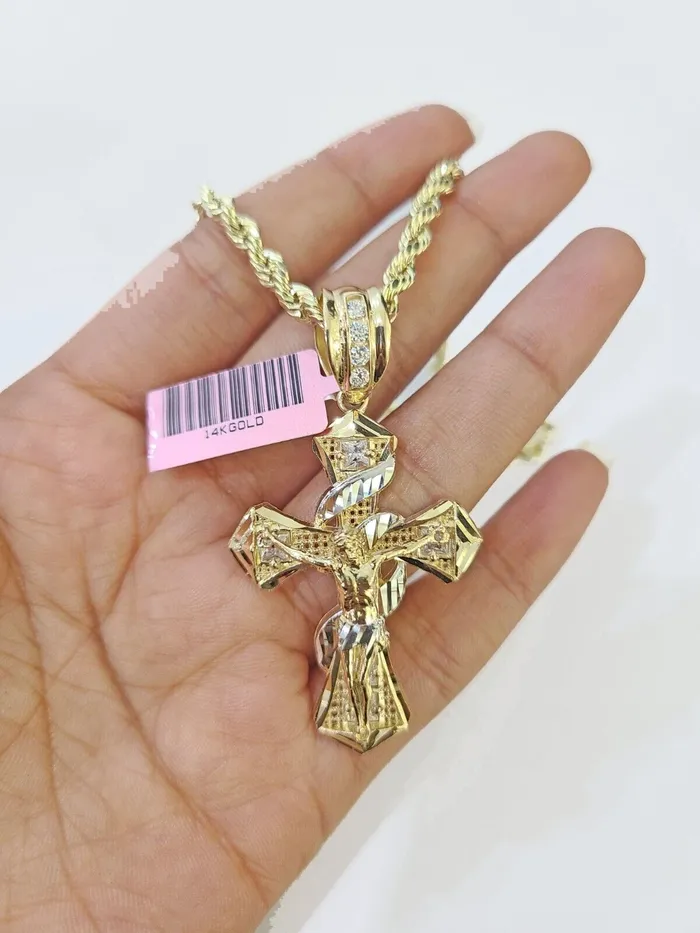 14k Yellow Gold Rope Chain Jesus Swirl Cross Charm SET 5mm 26Inches Necklace Globalwatches10 Necklaces