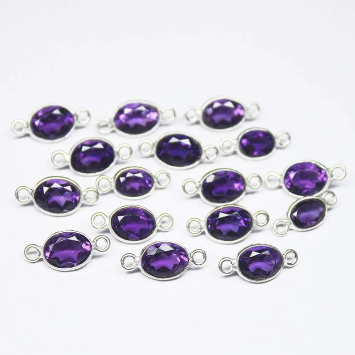 Beads Supplies USA Amethyst Oval Bezel Connector Station 925 Sterling Silver Loose Finding 4pc 13mm Rings