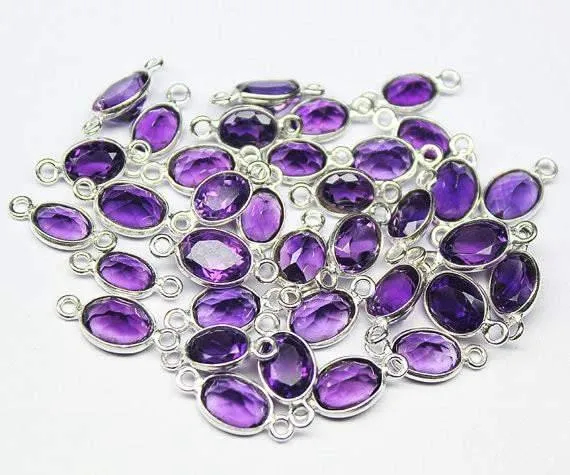 Beads Supplies USA Amethyst Oval Bezel Connector Station 925 Sterling Silver Loose Finding 4pc 13mm Rings