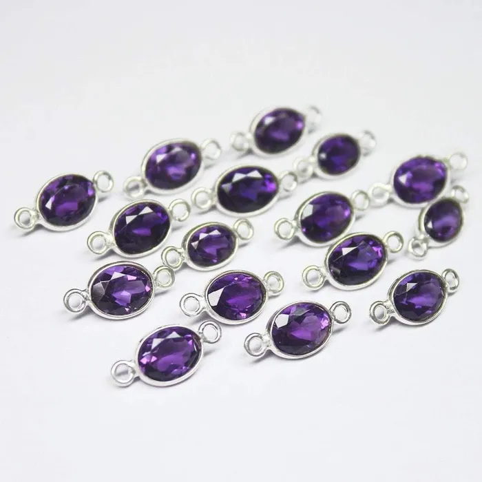 Beads Supplies USA Amethyst Oval Bezel Connector Station 925 Sterling Silver Loose Finding 4pc 13mm Rings