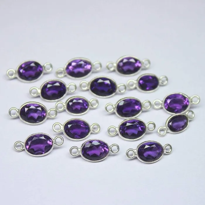 Beads Supplies USA Amethyst Oval Bezel Connector Station 925 Sterling Silver Loose Finding 4pc 13mm Rings